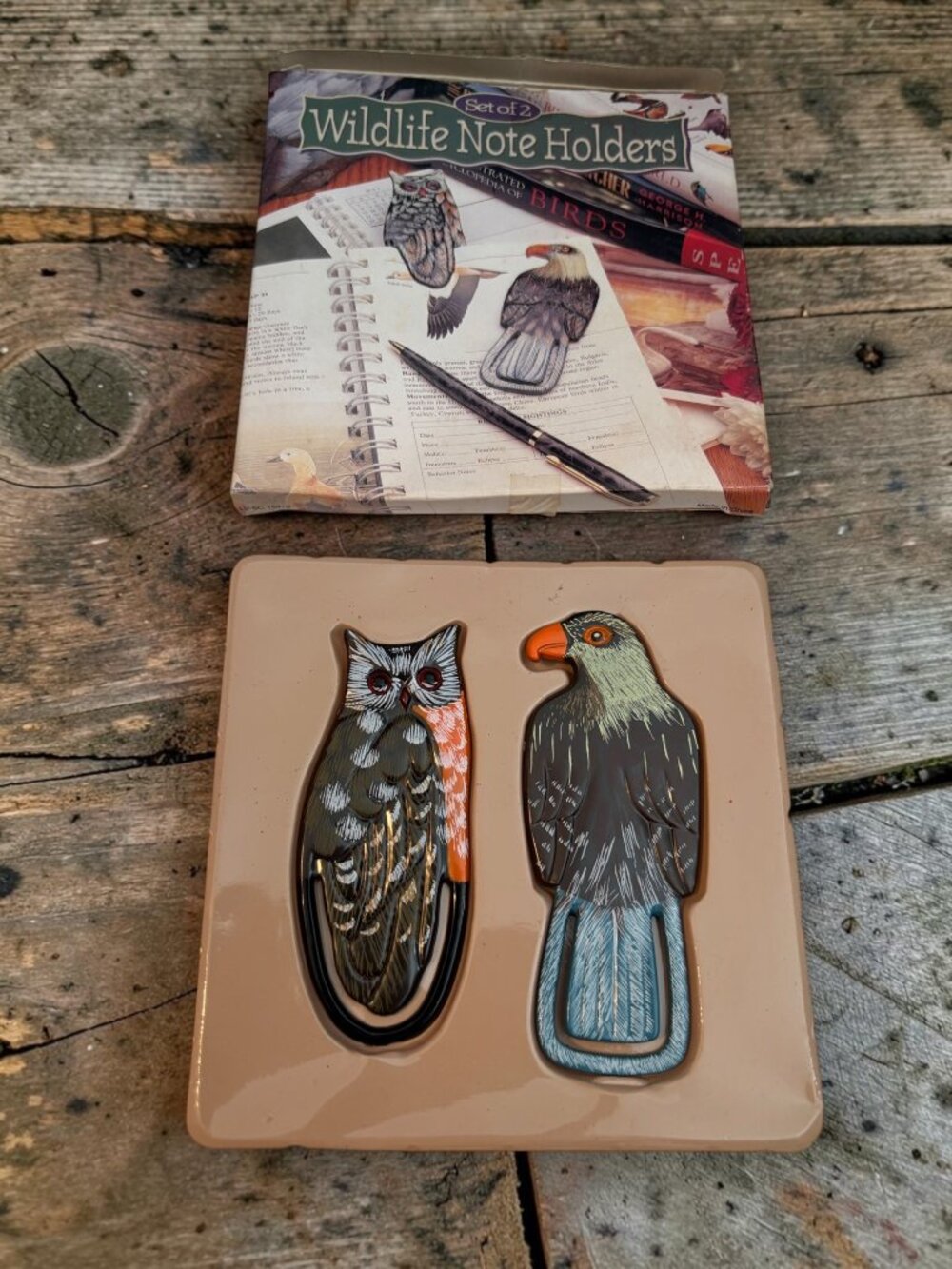 Wildlife Celluloid Note Holders Set Of 2 Owl & Eagle Hand-Painted Rich Lacquer F